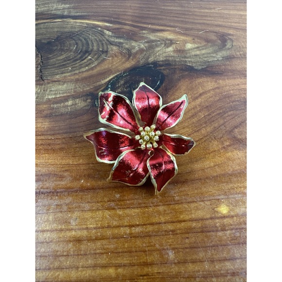 Jewelry - Vtg CERRITO Red Enamel Legend of POINSETTIA Brooch Pin Handcrafted Christmas 60s